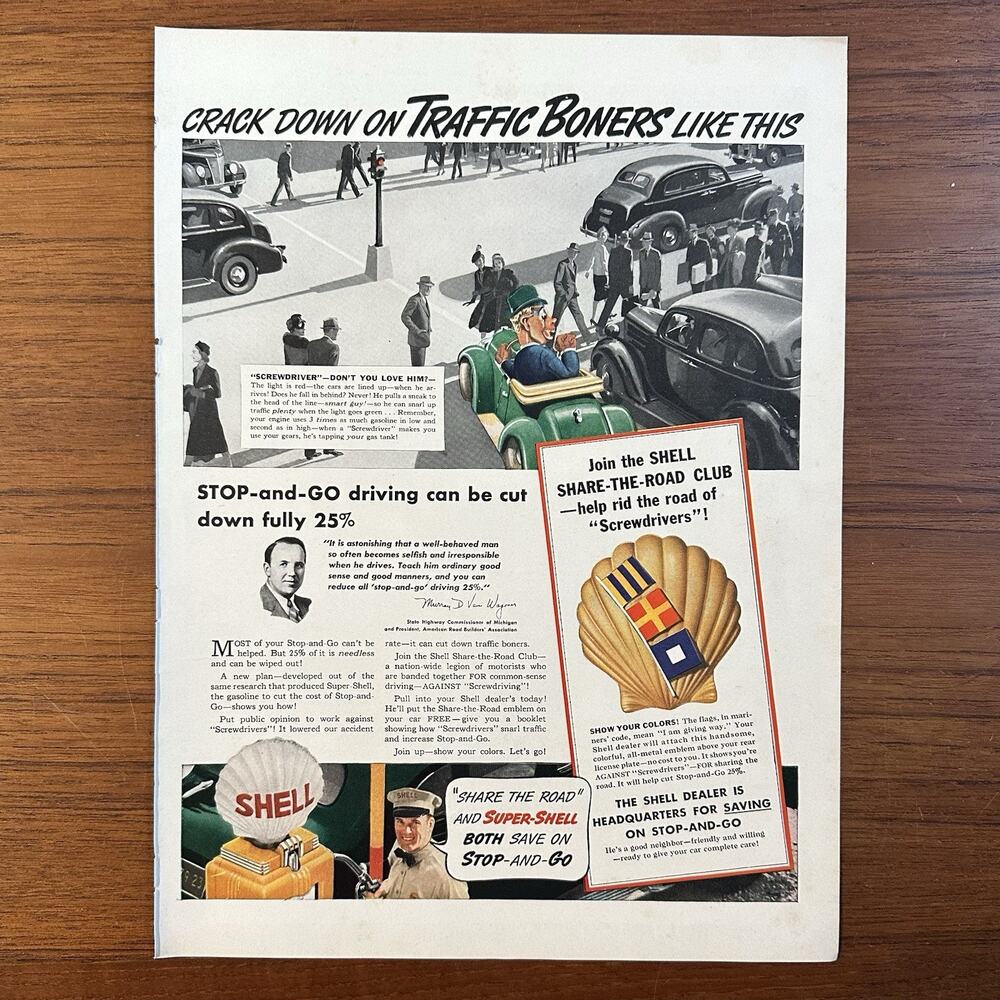 1939 Shell Gasoline Vintage Print Ad Crack Down On Traffic Boners Like This